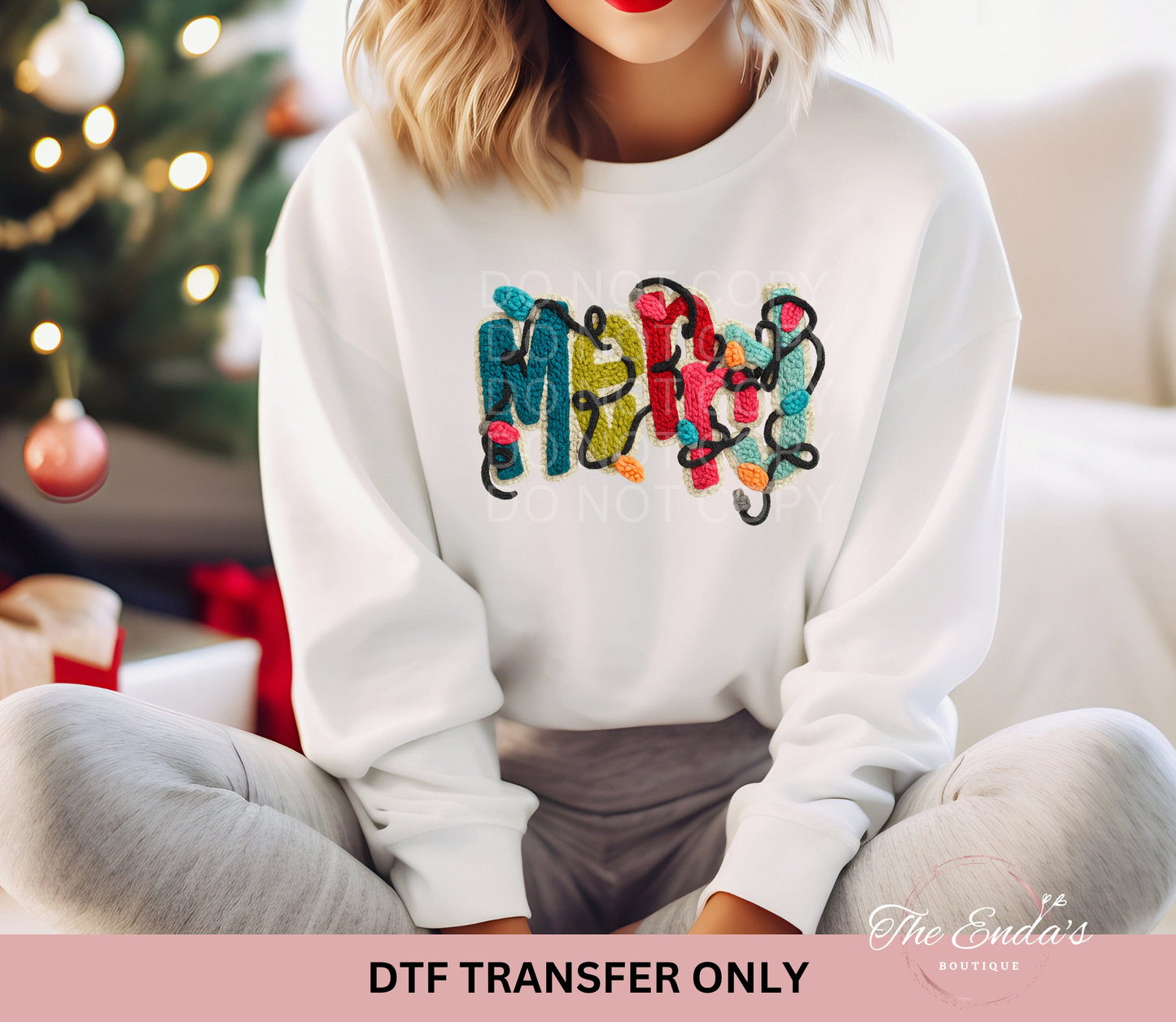 Faux Yarn Merry Christmas Lights DTF Transfer