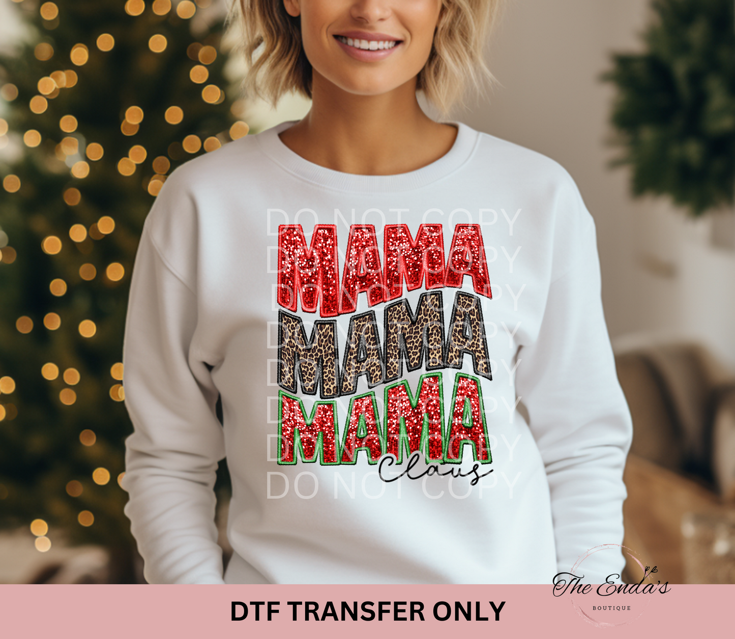 Mama Mama Mama Claus Leopard Faux Sequin Embroidery DTF Transfer