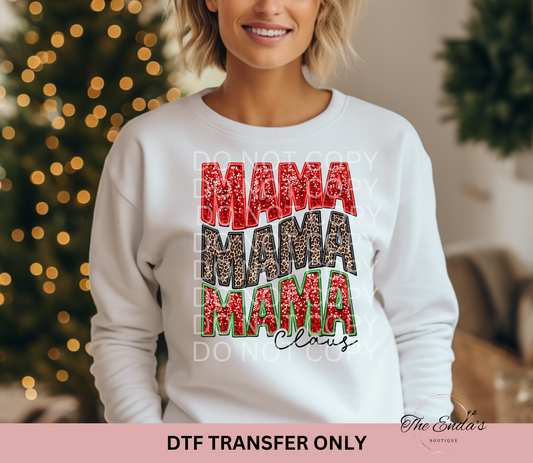 Mama Mama Mama Claus Leopard Faux Sequin Embroidery DTF Transfer