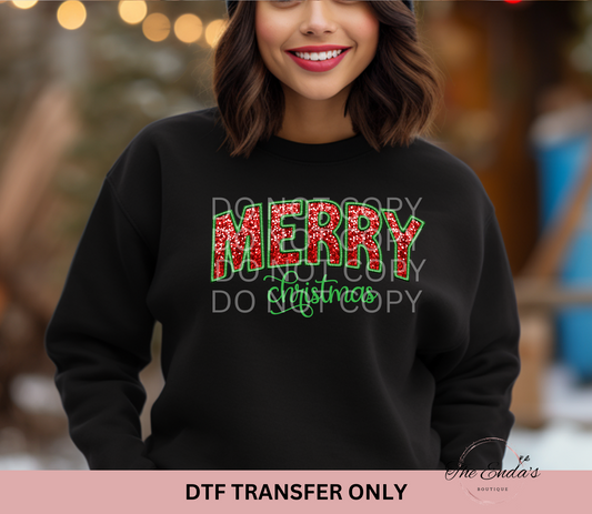 Merry Christmas Faux Sequin Embroidery DTF Transfer