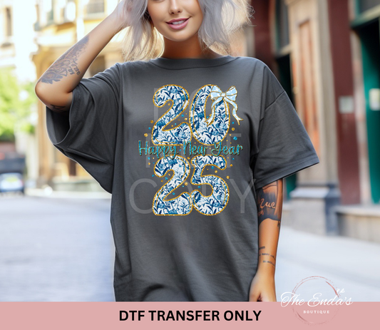 2025 Happy New Year Blue Floral DTF Transfer