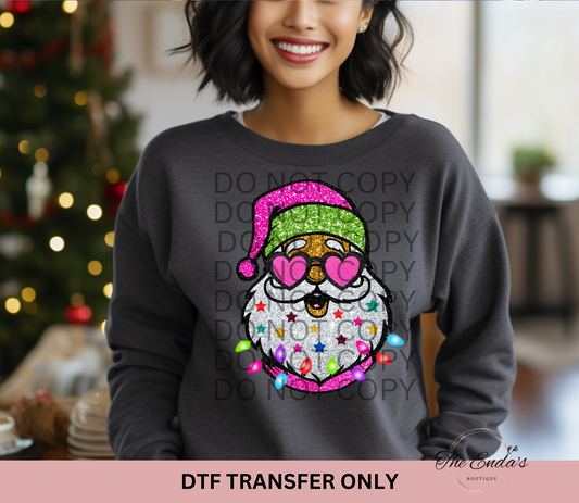 Santa With Sunnies Faux Glitter DTF Transfer