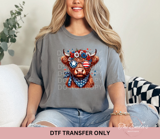 Patriotic Highland Cow With Glasses DTF Transfer