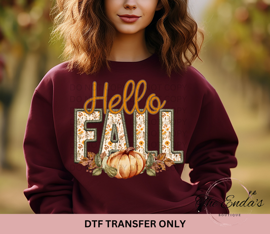 Hello Fall Faux Embroidery DTF Transfer