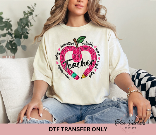 Pencil Heart Teacher Words DTF Transfer