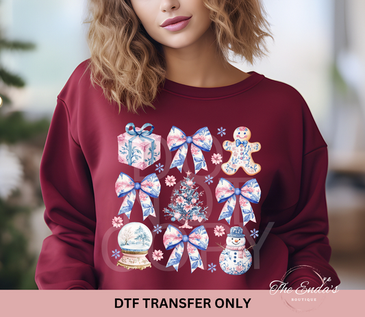 Pink/Blue Floral Christmas Coquette DTF Transfer