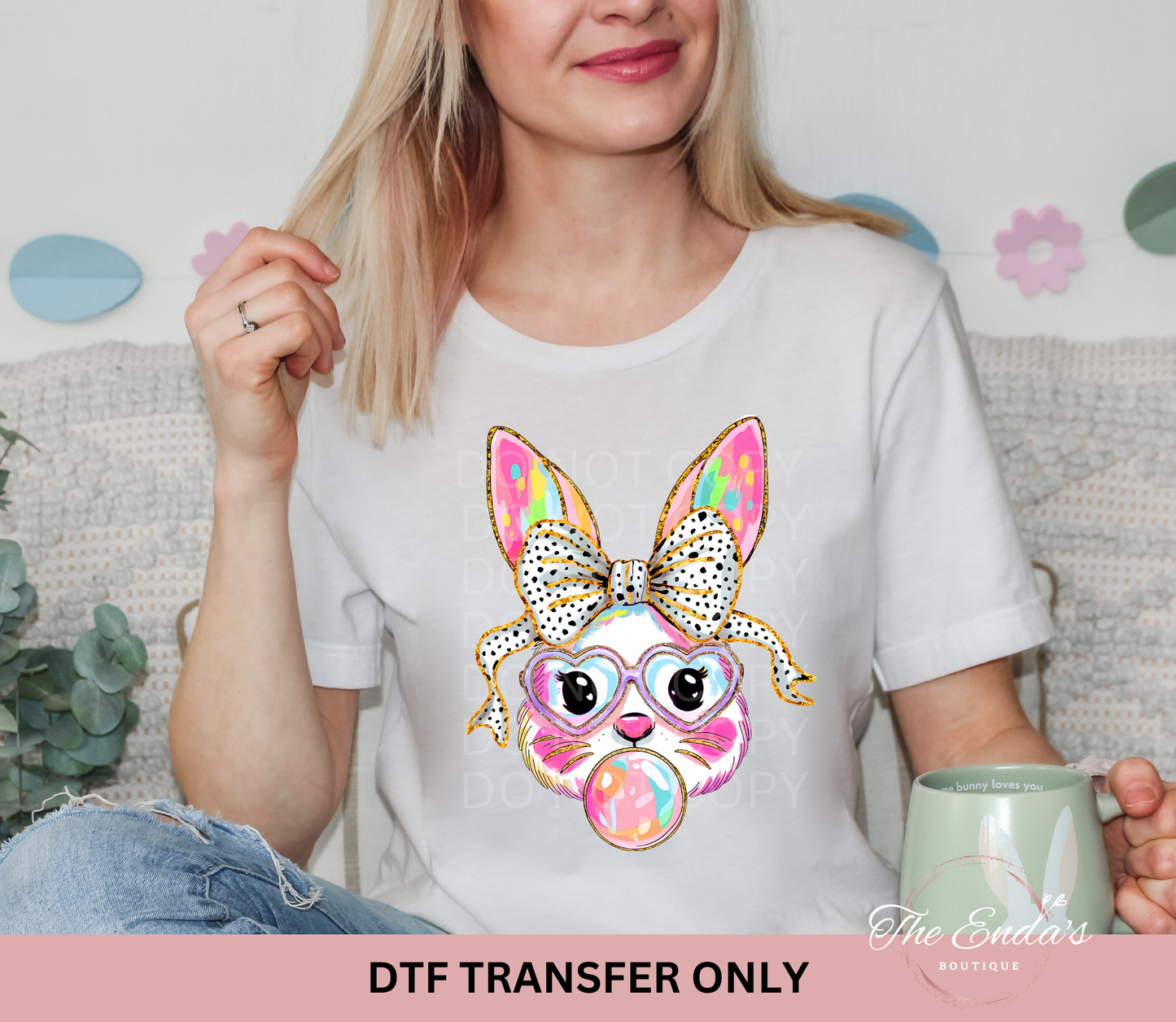 Faux Glitter Brushstroke Bubblegum Bunny DTF Transfer