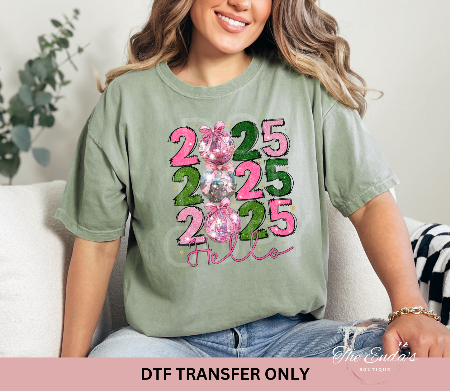 Hello 2025 Disco Ball Faux Glitter DTF Transfer