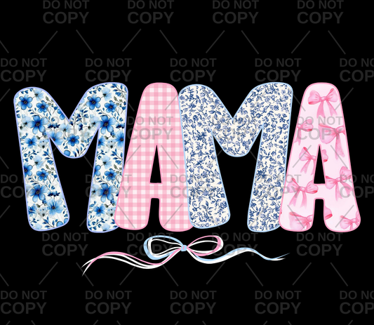 Blue Floral Pink Bows MAMA Coquette DTF Transfer