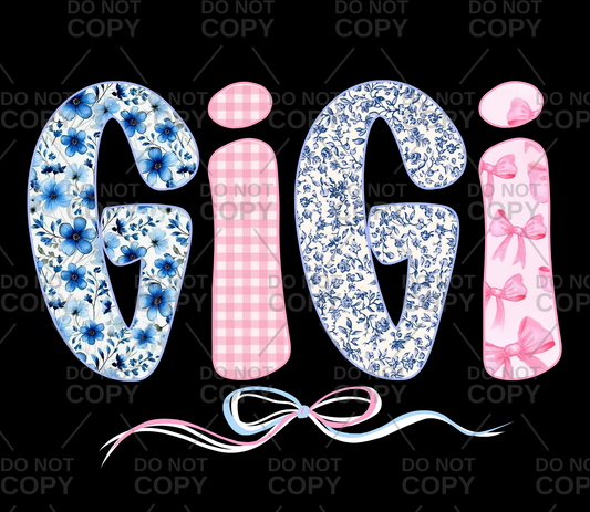 Blue Floral Pink Bows GIGI Coquette DTF Transfer
