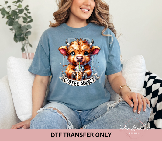 Coffee Addict Highland Cow DTF Transfer