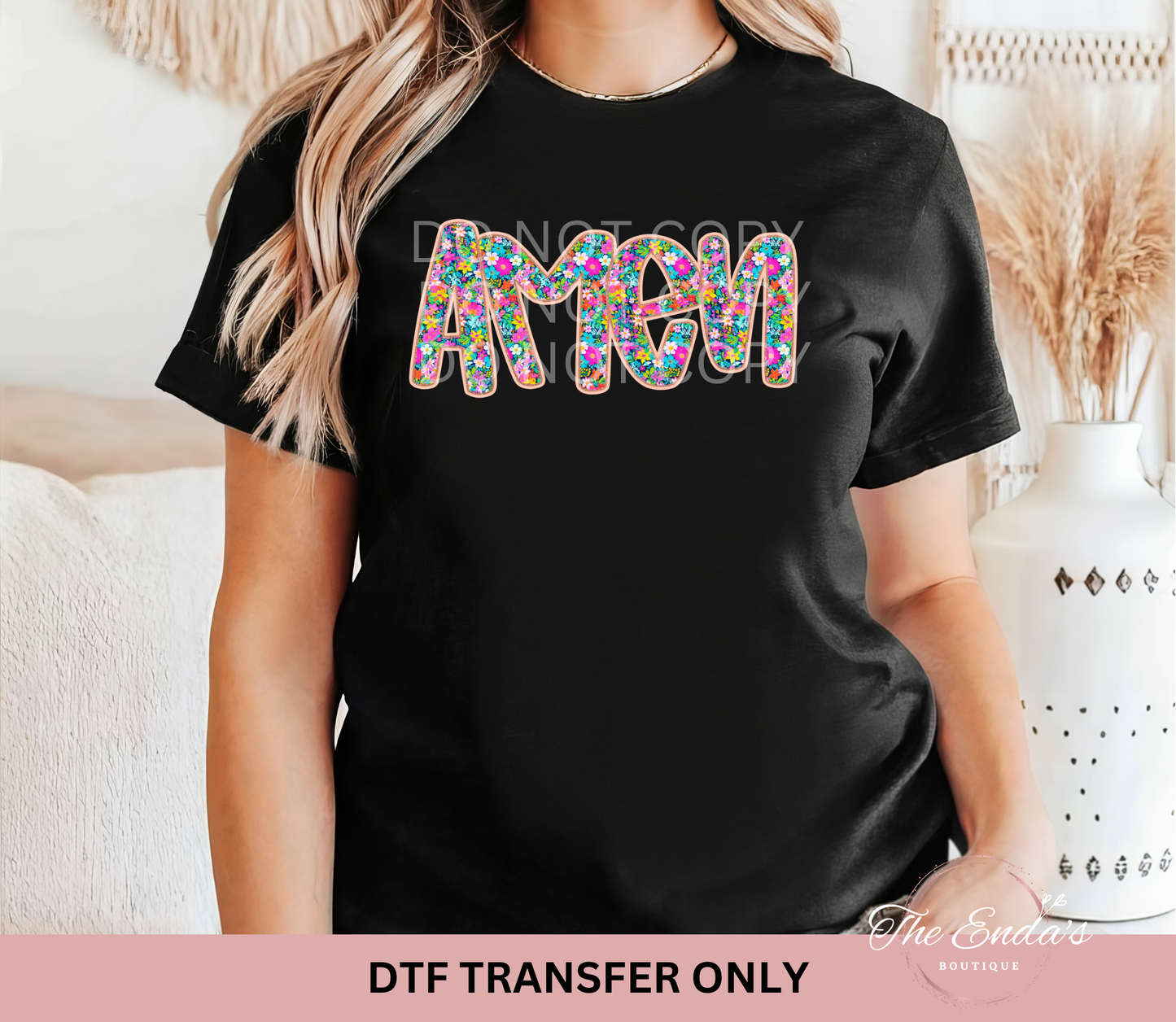 Floral Glitter Amen DTF Transfer