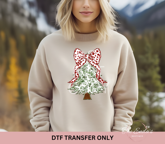 Green Floral Christmas Tree With Red Dot Bow DTF Transfer