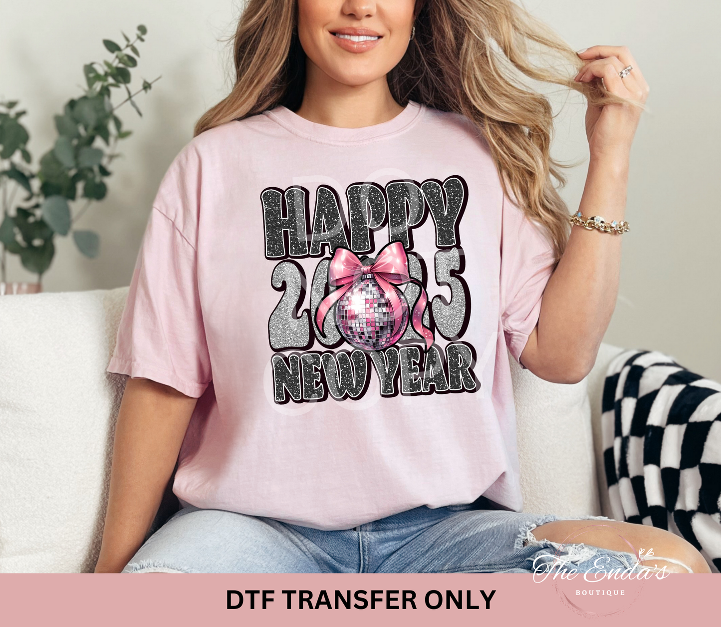 Faux Glitter Happy New Year 2025 Disco Ball Coquette DTF Transfer