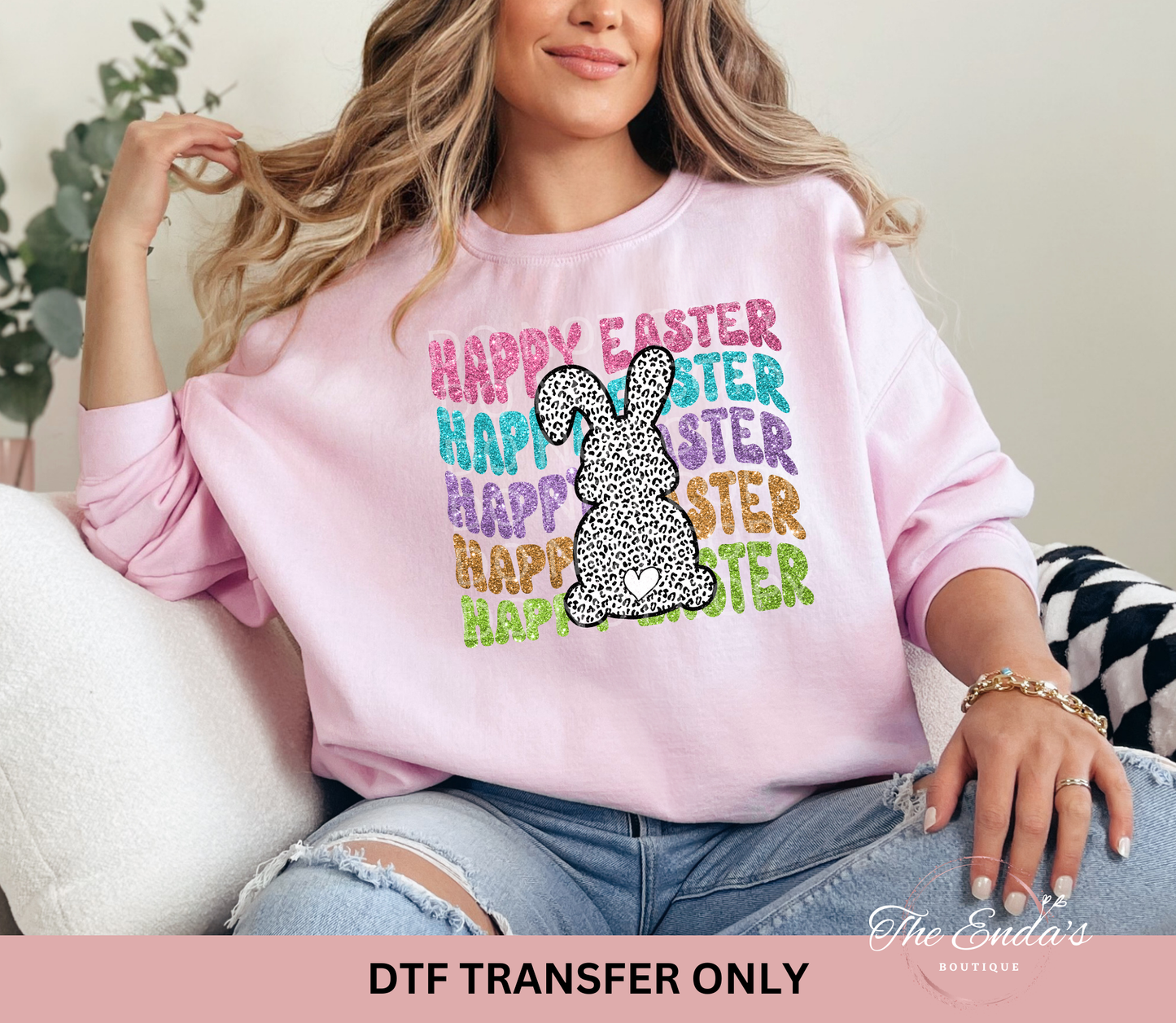 Happy Easter Faux Glitter Leopard Bunny DTF Transfer