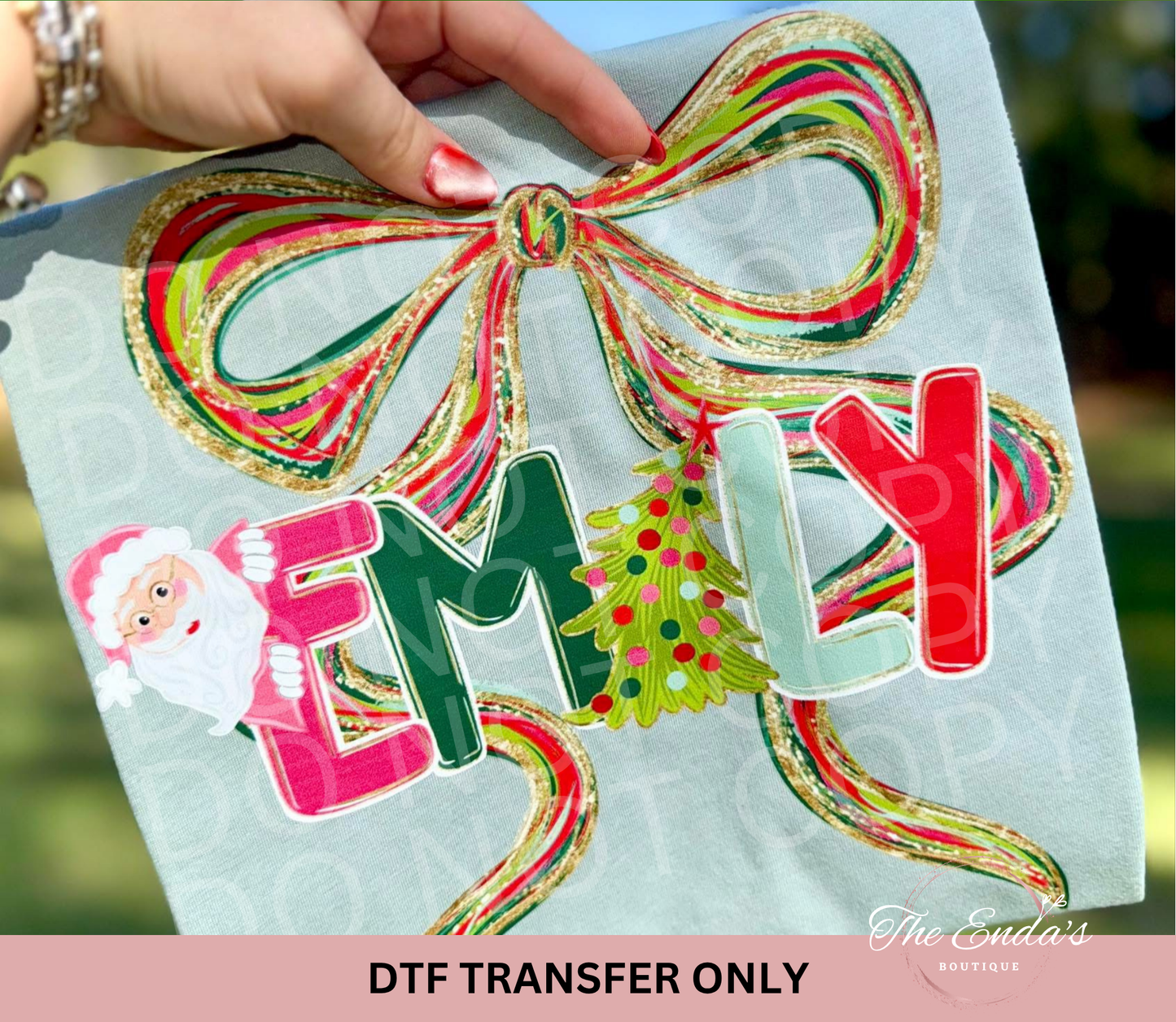 Personalized Alpha Christmas Santa Tree Bow (AVAILABLE WITH/WITHOUT BOW) DTF Transfer