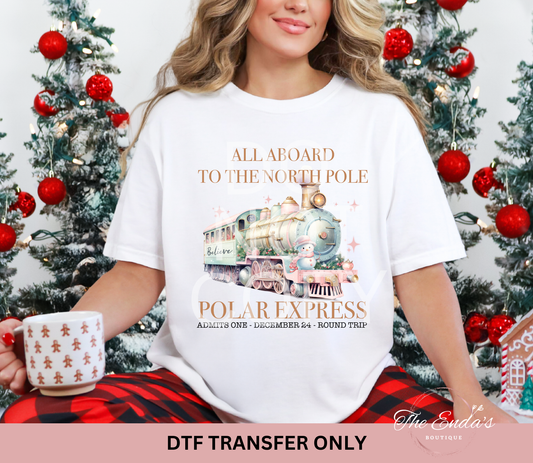 All Aboard To The Polar Express Pink Snowman DTF Transfer