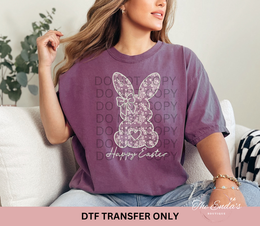 Happy Easter Bunny Faux Embroidery White Lace DTF Transfer