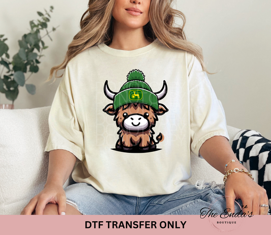 Green Farm Tractor Hat Highland Cow DTF Transfer