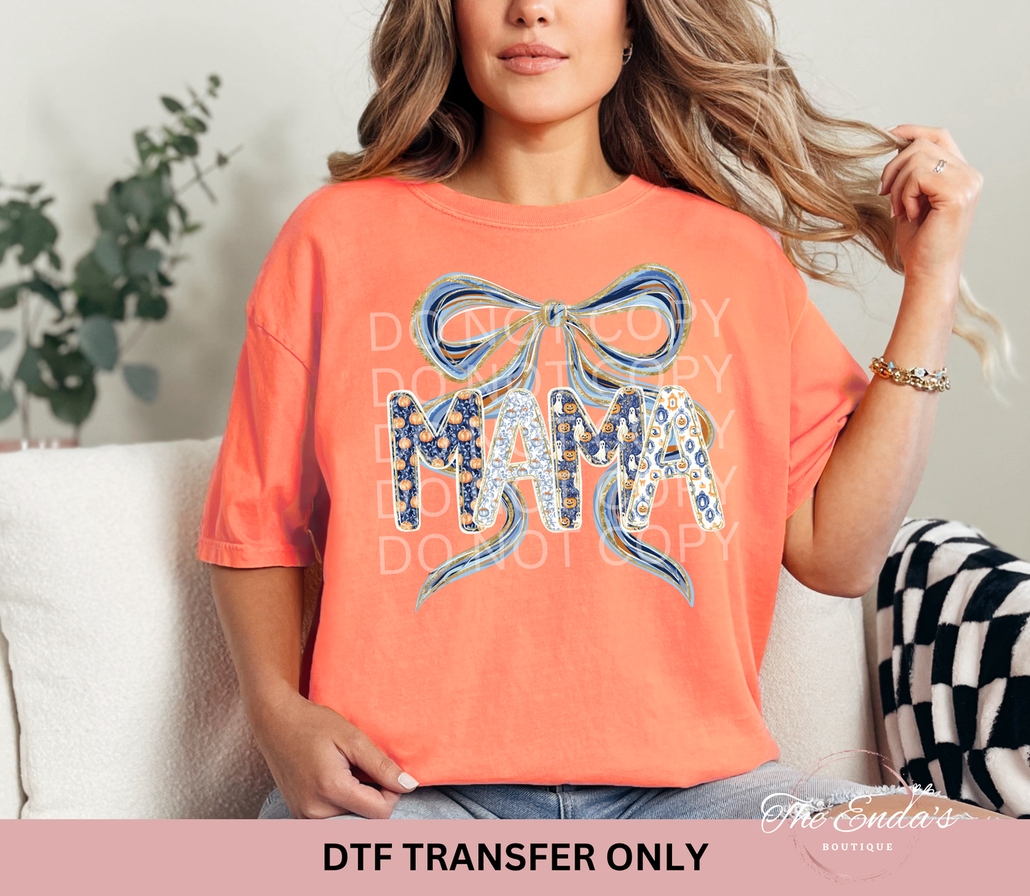 Blue & Orange Halloween Mama Bow DTF Transfer